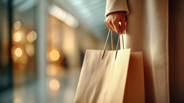 A woman in a beige coat holds a shopping bag with blurred lights in the background, symbolizing retail therapy or leisure.