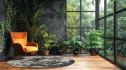 Modern Living Room Mockup with Orange Armchair and Potted Plants Interior Design

