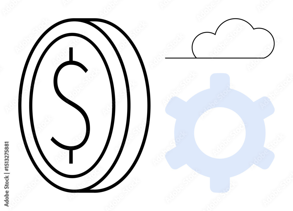 Poster dollar coin beside a cloud and gear emphasizing finance, cloud computing, and process optimization. 