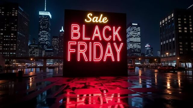 Black Friday Sale Night Cityscape Neon Sign Glowing Brightly Reflecting on Wet Pavement