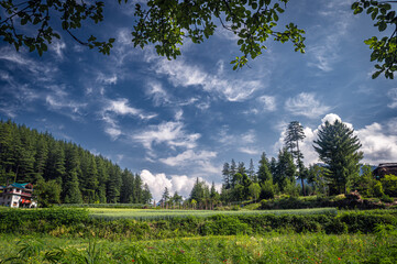 Mountain landscape with trees and clouds. Pundarik  Upper Neahi village. Sainj Valley, Eco Zone, Great Himalayan National Park, Himachal, India.
