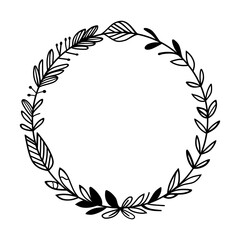 Boho line art style of wreath decorated with many leaves on black circle.