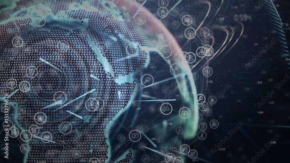Poster scene initiating point-cloud globe rising from right while rotating and showing data flow