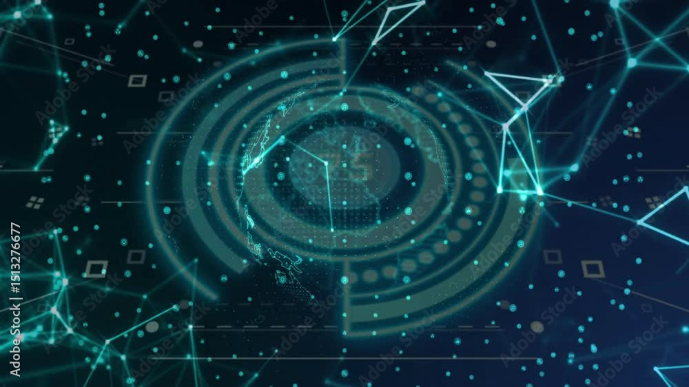 Poster holographic globe glowing and rotating westward while shifting rings visualizing global data cycle