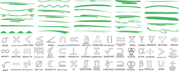 green underline, scribble, and wavy line elements combined with mathematical symbols like sigma, integral, and alpha, perfect for creative and academic digital designs