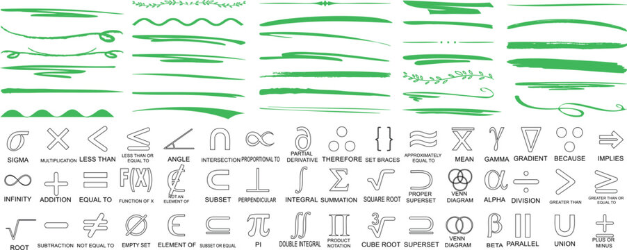 green underline, scribble, and wavy line elements combined with mathematical symbols like sigma, integral, and alpha, perfect for creative and academic digital designs