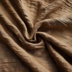 Close-up of soft brown linen fabric twisted into a swirl, natural woven texture, high detail, organic folds, warm earthy tone, rustic and minimalist textile style, neutral background