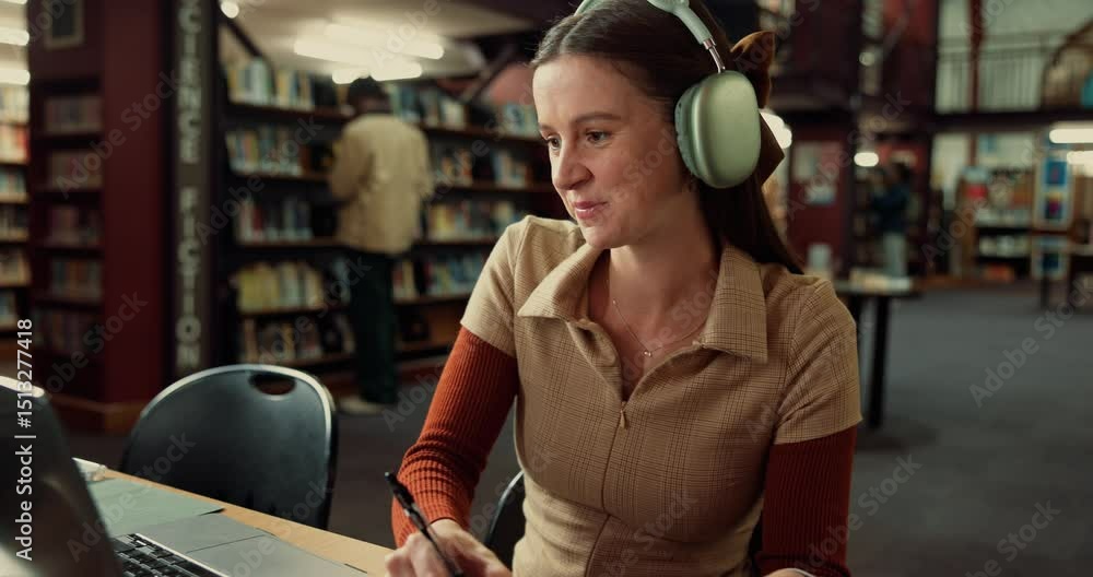 Poster Laptop, headphones and woman student with notebook in library studying for university exam with textbooks. Education, computer and female person writing with learning for college test on campus.