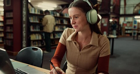 Laptop, headphones and woman student with notebook in library studying for university exam with textbooks. Education, computer and female person writing with learning for college test on campus. - Powered by Adobe