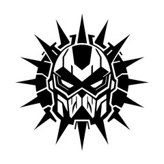 Black and White Futuristic Robot Head Icon with Tribal Style