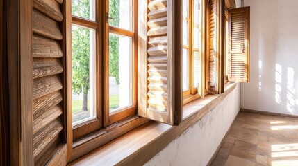 Sunlit Wooden Window Shutters and Sunlight