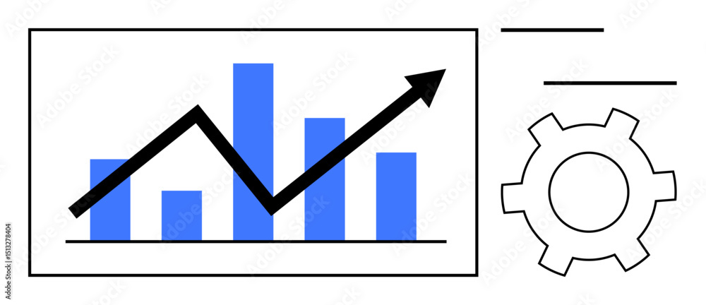 Poster bar graphs with upward arrow symbolize growth and progress, alongside a gear for process optimizatio