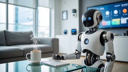 Friendly Robot in Smart Home Drinking Coffee – Futuristic AI Lifestyle Scene