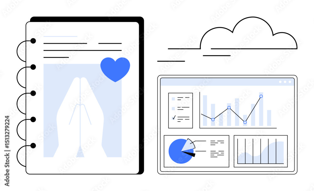 Poster open notebook with heart icon next to analytics dashboard showing charts and graphs. ideal for healt