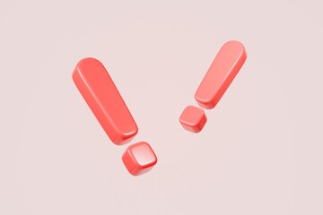 3d exclamation mark icon. Minimal cartoon red exclamation mark sign. PNG transparent icon for graphic design. element for web UX and UI design. 3d render illustration.