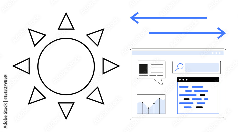 Poster sun icon beside webpage layout with arrows symbolizing connection and energy flow. ideal for sustain