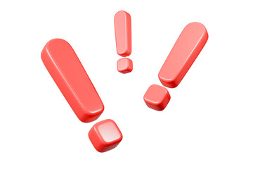 3d exclamation mark icon. Minimal cartoon red exclamation mark sign. PNG transparent icon for graphic design. element for web UX and UI design. 3d render illustration.