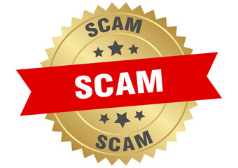 scam. scam round red and gold label isolated on transparent background