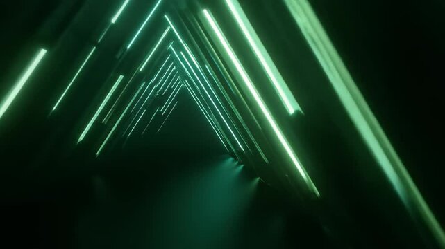 Glowing triangular lines create an infinite futuristic tunnel with a dark shiny floor