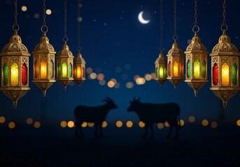 Obraz premium Eid al-Adha Festive Lanterns and Sacrificial Animals Silhouette