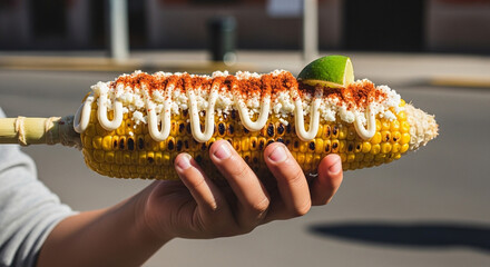 Delicious Elote Mexican Street Corn with Mayo, Chili, and Cheese