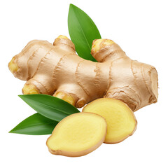 Fresh ginger root and slices isolated on transparent background