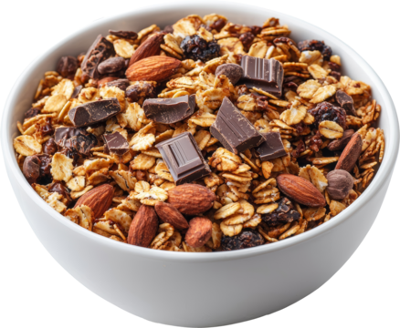 granola oat meal with chocolate and grains in white bowl 