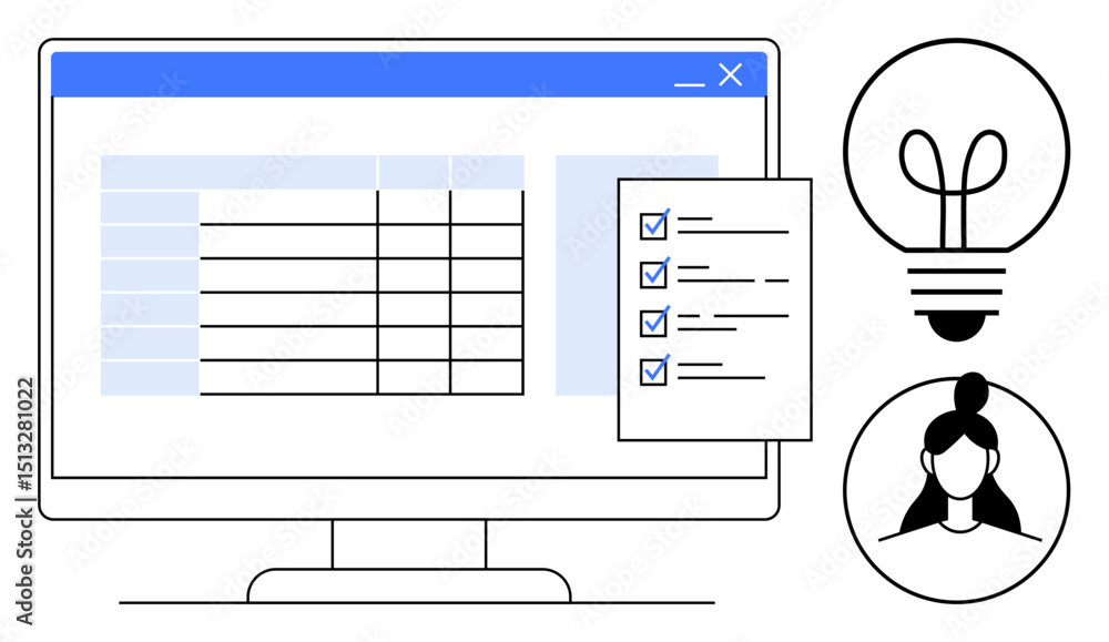 Aufkleber desktop monitor featuring a spreadsheet and checklist, with icons for a lightbulb and user avatar. i