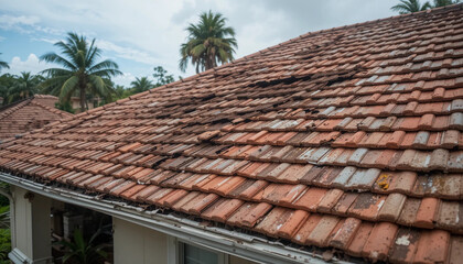 Damaged terracotta roof tiles after hurricane. Missing shingles. House roof needs repair. Hurricane aftermath in Florida residential area. Storm damage visible. Roofing problems from natural