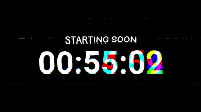 Starting soon 1 minutes countdown timer glitch Effect black background. 4k Video