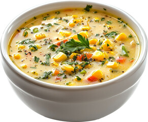 corn soup in white bowl 