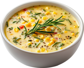 corn soup in white bowl 