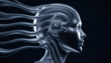 Ai Human Head with Chip and Cables Concept