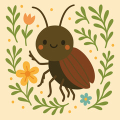 Сute cockchafer beetle illustration in a flat, whimsical style, surrounded by charming floral and leaf elements