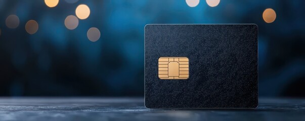 economy consumption innovation concept. Elegant credit card on a dark surface with blurred lights in the background.