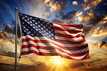 american flag waving dramatic lighting