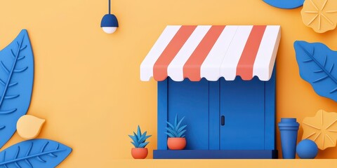 economy consumption innovation concept. Colorful storefront with a striped awning and decorative plants against a vibrant background.