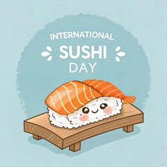 A cartoon image of a piece of sushi hugging a piece of salmon, with the text INTERNATIONAL SUSHI DAY in white against a light blue background.