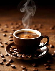 A cup of hot black coffee stands on a wooden table among coffee beans.