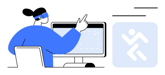 Person wearing a VR headset pointing at a computer screen while interacting with interactive elements. Ideal for technology, innovation, gaming, futurism, education, interfaces, creativity. Flat