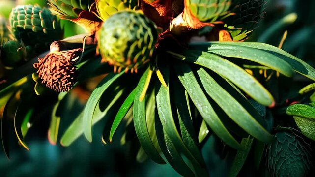 Close-up on green immature pine cones and vibrant leaves in natural sunlight, creating botanical texture and organic patterns.