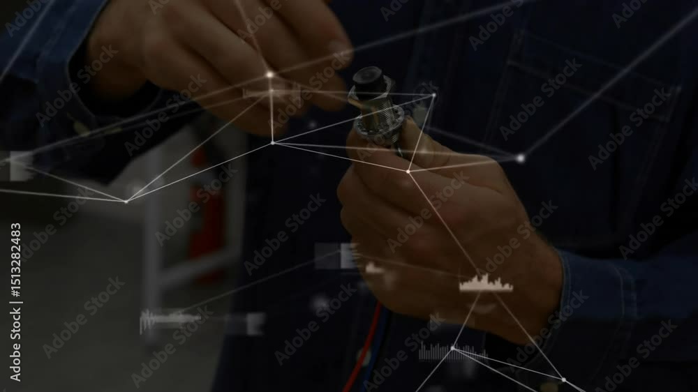 Poster technician in tech lab unscrewing black cap from sensor while inspecting and adjusting red wires