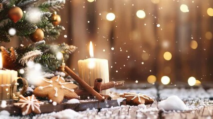 Warm Christmas atmosphere featuring burning candles, gingerbread cookies, cinnamon sticks and a small decorated tree on a rustic wooden surface against a bokeh lights background with snow. - Powered by Adobe