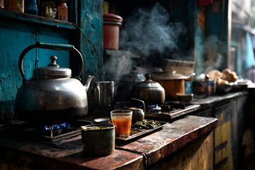 A rustic Indian tea stall kitchen with steaming kettles, boiling chai, and fresh tea leaves on a worn countertop. The ambient natural light, vibrant textures, and nostalgic charm capture authentic str
