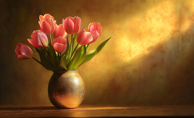 Radiant Red Tulips in Golden Vase A Still Life Painting