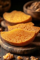 Honey-colored slices of sweet bread on a wooden board