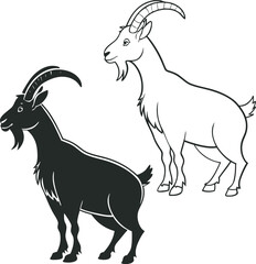 Black Goat Silhouette with Curved Horns and Beard, Paired with White Outline Goat – Profile View Highlighting Distinctive Features, black and white goat