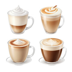 Coffee drinks, hot or cold, in mugs or glasses, featuring chocolate, milk, cream, and foam, perfect for breakfast or dessert