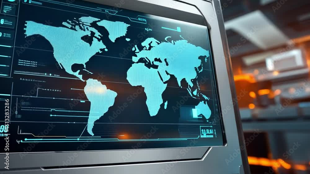 Poster a digital world map on a monitor screen, representing global technology. the screen displays an intr