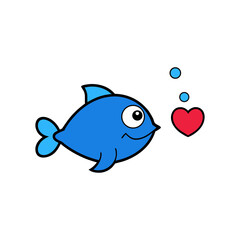 Heart Bubble Blowing Blue Fish Flat vector illustration isolated on white background